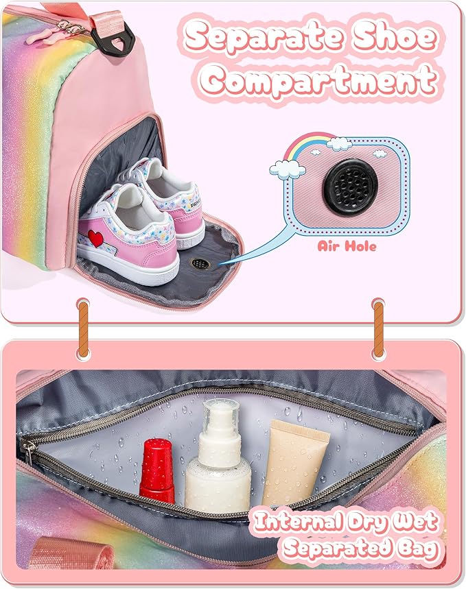 Girls Cheer Up Gifts-Girl Gym Bag with Shoe Compartment, Kid Personalized Weekender Dance Bags, Initial Travel Tote with Makeup Pouch, Graduation Gift for Niece Kids Daughter (Letter K)