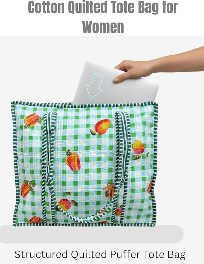 Cotton Quilted Tote Bag for Women – Large Beach & Travel Tote with Zipper, Reusable Grocery Bag