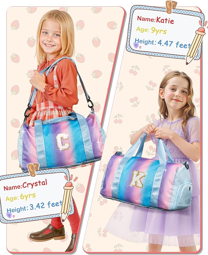 Birthday Gift for Daughter-Girl Gym Bag with Shoe Compartment, Kid Weekender Overnight Bags, Initial Travel Tote with Makeup Pouch, Gift for 3 4 5 6 7 8 9 Year Old Girls (Letter A)