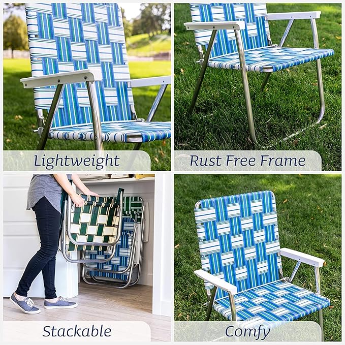 Lawn Chair USA - Outdoor Chairs for Camping. Made with Lightweight Aluminum Frames and UV-Resistant Webbing. Folds for Easy Storage 2- Pack (Green and White Stripes with White Arms, Classic)