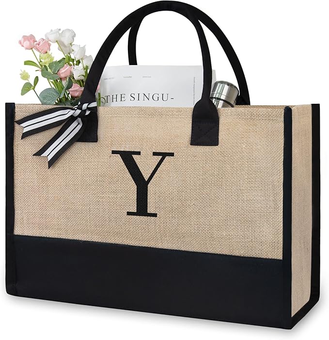 TOPDesign Initial Jute/Canvas Tote Bag, Personalized Present Bag, Suitable for Wedding, Birthday, Beach, Holiday, is a Great Gift for Women, Mom, Teachers, Friends, Bridesmaids (Letter Y)