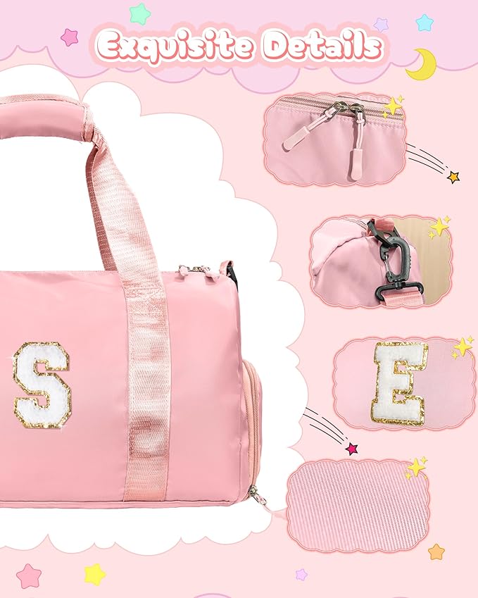 Girls Cheer Up Gifts-Girl Gym Bag with Shoe Compartment, Kid Personalized Weekender Overnight Bags, Initial Travel Tote with Makeup Pouch, Graduation Gift for Niece Kids Daughter (Letter K)