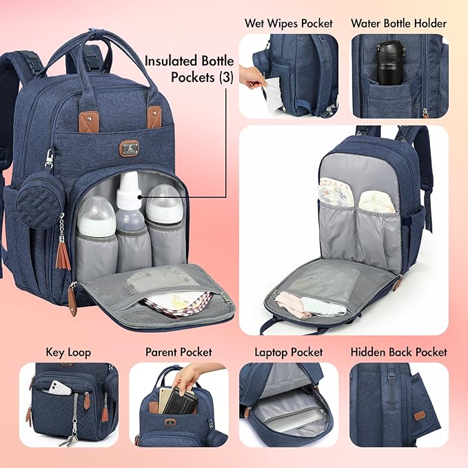 Dikaslon Diaper Bag Backpack with Portable Changing Pad, Pacifier Case and Stroller Straps, Large Unisex Baby Bags for Boys Girls, Multipurpose Travel Back Pack Moms Dads, Peacock blue