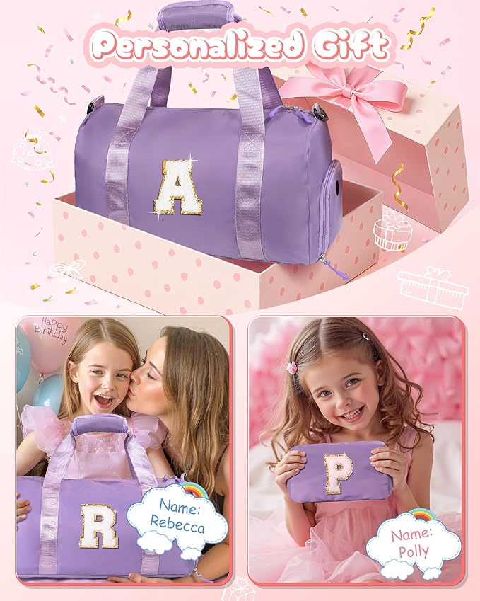 9 Year Old Girl Birthday Gifts-Girl Gym Bag with Shoe Compartment, Kid Personalized Weekender Overnight Bags, Travel Tote with Makeup Pouch, Easter Gift 5 6 7 8 9 10 Year Old (Letter N)