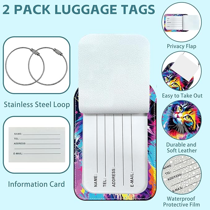 2 Pack Cute Luggage Tag for Suitcases Colorful Cat Leather Luggage Tags with Stainless Steel Loop Privacy Flap Name Tags,Men and Women Travel Bag Suitcase Tags