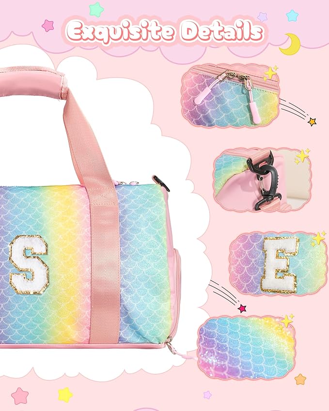 Dorm Room Essentials for Girls-Girl Gym Bag with Shoe Compartment, Kid Personalized Weekender Overnight Bags, Initial Travel Tote with Makeup Pouch, Preppy Stuff Gifts for Kids (Letter F)