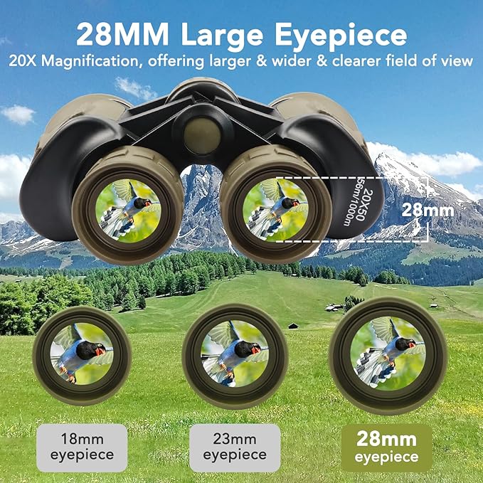 20x50 Binoculars for Adults High Powered, Military Compact HD Waterproof Binoculars with Low Light Vision for Bird Watching Travel Hunting Football Games Stargazing with Carrying Case and Strap(Mud)