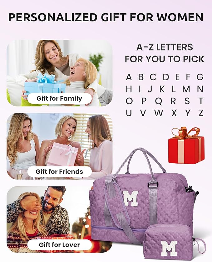 Personalized Gifts-Girls Duffle Bag with Shoe Compartment, Personalized Weekender Bag, Monogram Overnight Bag, Letter Travel Bag with Makeup Bag，Birthday Gift For Women Girl (Letter L)