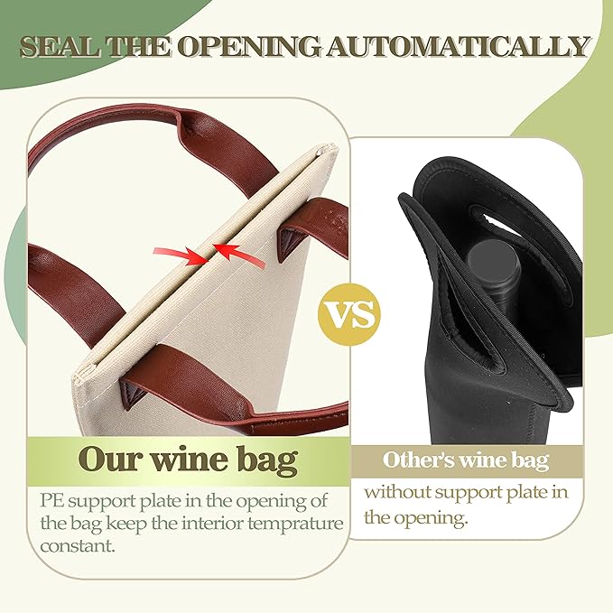 Tirrinia Single Wine Carrier Tote, Insulated Cooler Bag for Travel, Picnic & Gifts Padded Bottle Holder Tote for Men & Women, Canvas Beige
