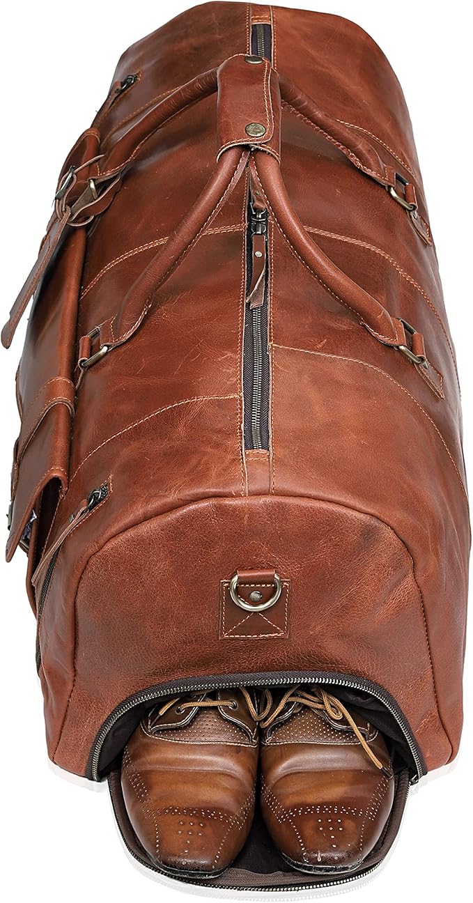 Duffle Leather Travel Bag for Women Men Gym Sports Overnight Weekend Airplane Cabin Bag 28 Inch Large Size Travel Bag with Shoe Compartment by Cureo