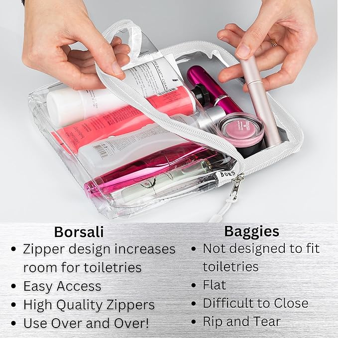 BORSALI TSA-Approved Quart-Sized Bag for Carry-On Travel - One (1) Quart Clear Toiletries, Cosmetic and 3-1-1 Liquids Toiletry Bag - White