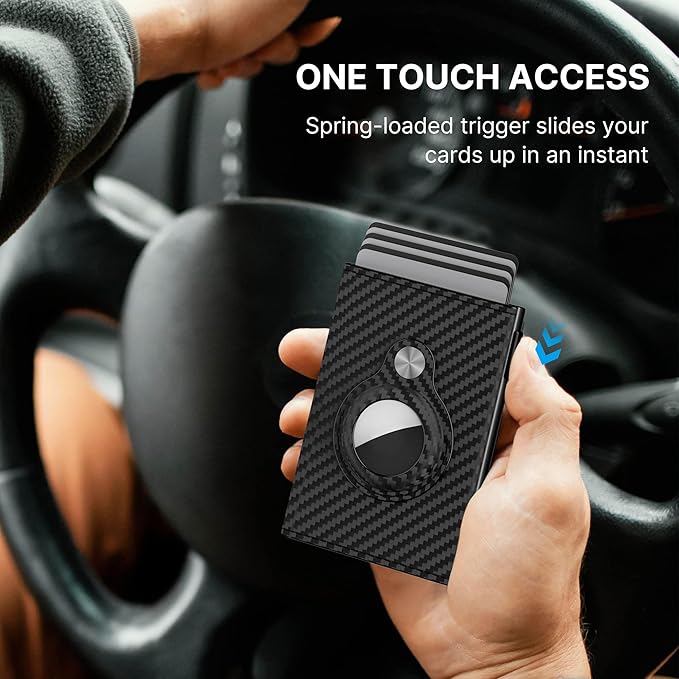 Mens Smart Wallet Card Holder for AirTag: Leather, Compatible with Apple Air Tag, RFID Blocking, Slim, Carbon Fiber, Minimalist - 9-14 Card Capacity | ID Window | Cash Slot (Black)