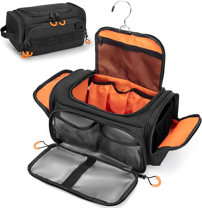 Tactical Toiletry Bag for Men, Hanging Hygiene Bag, Travel Dopp Kit Organizer for Shaving, Shower Essentials and Toiletries, Black (Empty Bag)