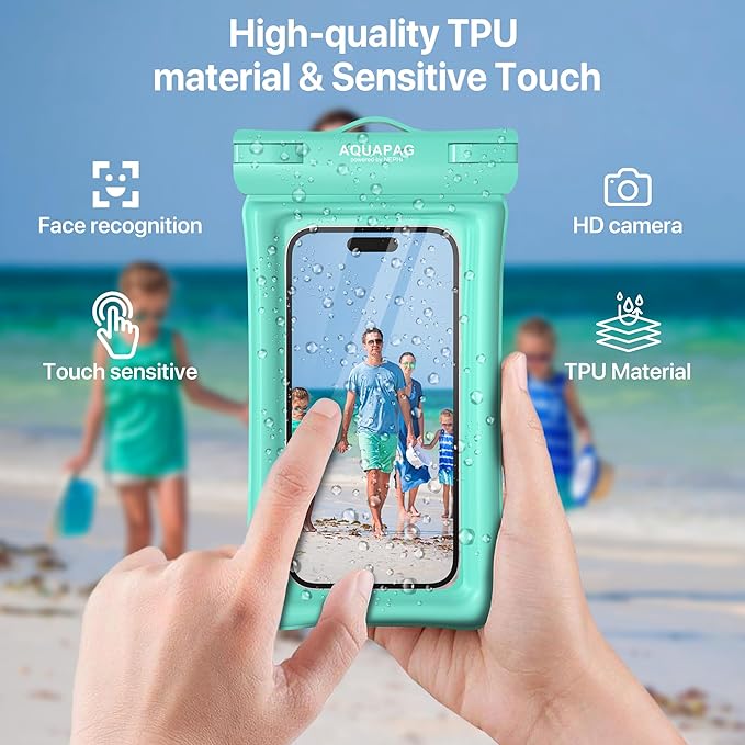 NEPHI IP68 Waterproof Phone Pouch 2 Pack-Up to 8.0"，Adjustable Neck Lanyard Floating Waterproof Phone Case for iPhone,Phone Dry Bags for Vacation Beach Pool Travel Essentials (Aqua Green 4 Pack)