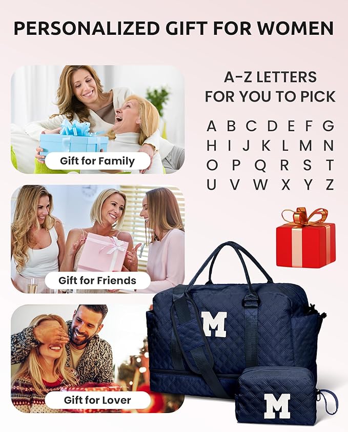 Women's Initial Duffle Bag - Personalized Weekender with Shoe & Makeup Compartments, Monogram Overnight Bag (Letter A)