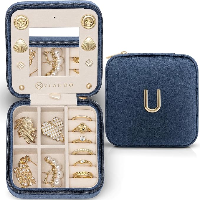 Vlando Mom Gifts for Women, Travel Jewelry Case for Mother Gifts, Travel Gifts for Mother Mom from Daughters, Travel Essentials Small Jewelry Box, Jewelry Travel Organizer - Letter U, Dark Blue