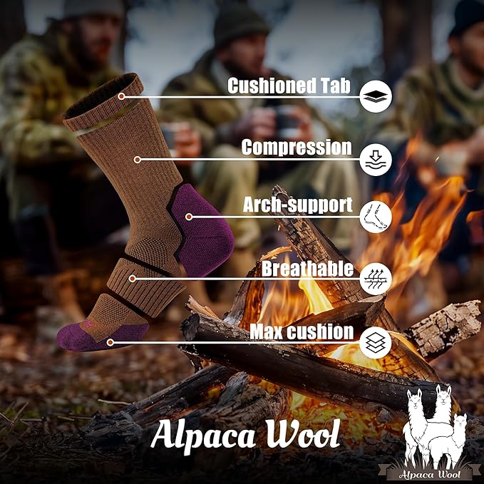 Alpaca Wool Hunting Socks 2 pairs for Men Women, Thermal Warm Compression Thick Winter Cushioned Hiking Boot Moisture Wicking