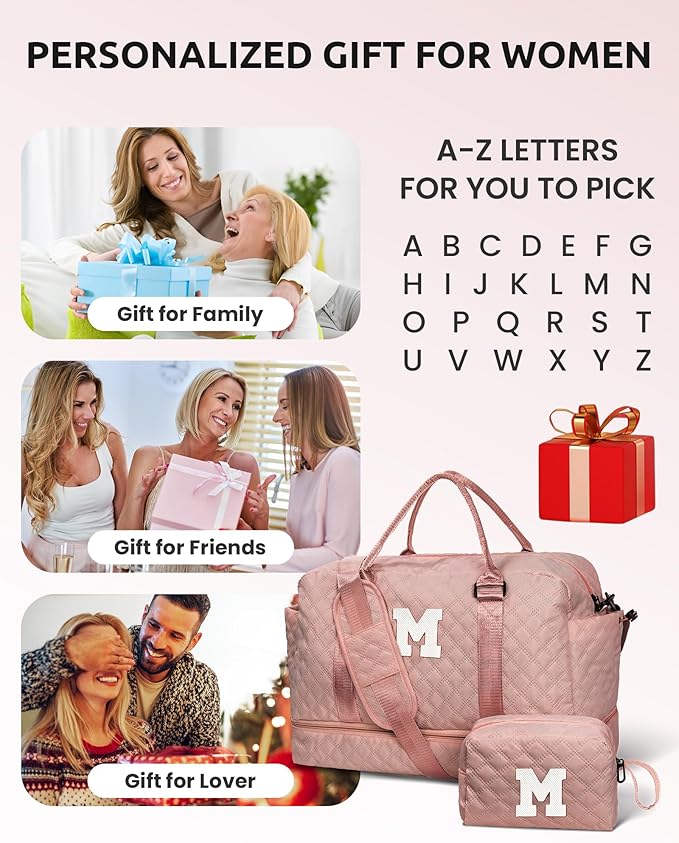 Birthday Gifts for 4 5 6 7 8 9 10 11 12 13 14 Year Old Girls-Duffle Bag with Shoe Compartment, Personalized Weekender Bag, Overnight Bag for Women, Travel Bag with Makeup Bag (Letter J)
