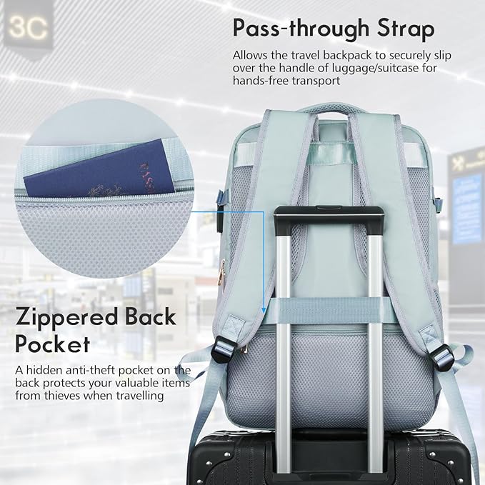 MOMUVO Large Travel Backpack Women, Flight Approved Carry On Backpack, Water Resistant Anti-Theft Large Casual Daypack Fit 17 Inch Laptop with USB Charging Port, Blue