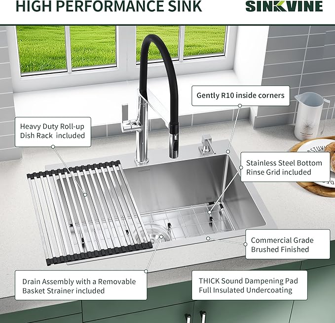 22 Inch Drop-In Kitchen Sink, SINKVINE 22" x 18" Stainless Steel Indoor and Outdoor Sink, Top Mount Deep Single Bowl Sink for Laundry, Wet Bar, RV, w/Drain Strainer, Bottom Grid, Roll-up Drying Unit