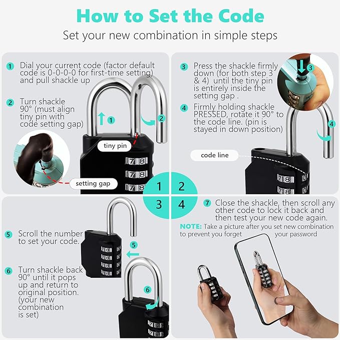 CL21AS 2.6 Inch Long Shackle Combination Lock, 4 Digit Combination Padlock Set Your own Combination for Gym Locker Lock, School, Gates, Doors, Toolbox, Hasps and Storage (Aqua Sky (L) *1)