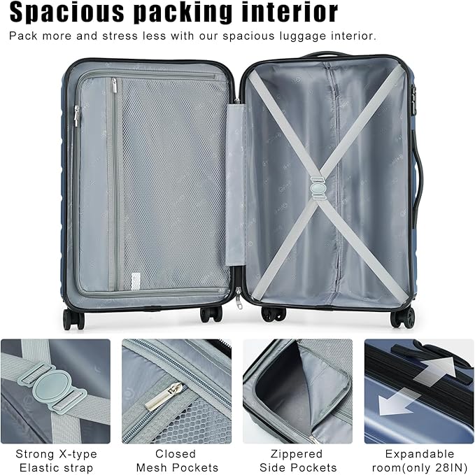 Coolife Luggage Suitcase Carry-on Spinner TSA Lock USB Port Expandable (only 28’’) Lightweight Hardside Luggage (Ice Blue, 3 piece set)