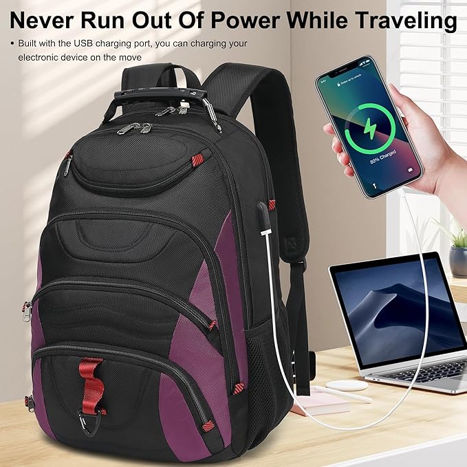 Boavan Laptop Backpack for men, 17.3 inch Laptop Bag with USB Port, Waterproof Travel Work Backpack Purse, Anti-Theft Teacher Nurse Doctor Casual Bookbags Office Business backpack，Black& Purple