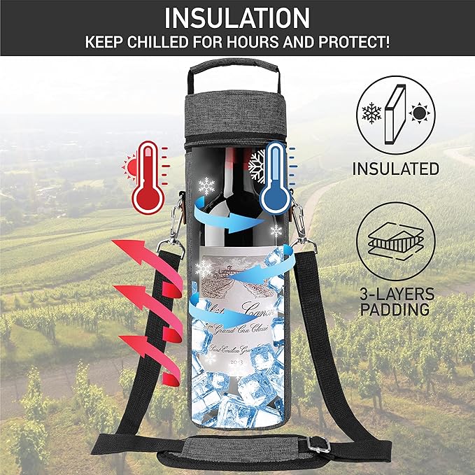 opux Wine Bag Single Bottle Carrier Tote, Insulated Wine Cooler Bag for Travel Picnic Beach with Shoulder Strap, Thermal One Bottle Holder Carrying Case Wine Gift for Women Men, Charcoal Gray