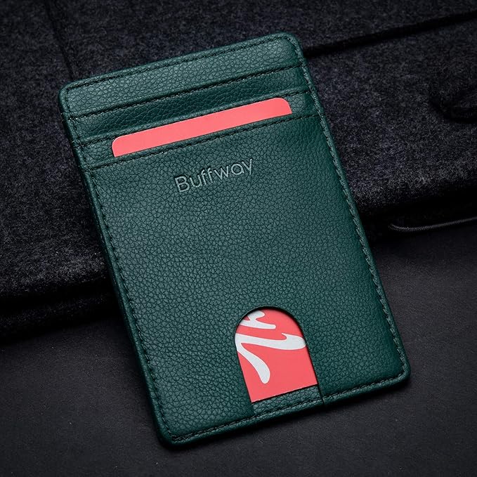 Buffway Mens Slim Wallet, Minimalist Thin Front Pocket Leather Credit Card Holder with RFID Blocking for Work Travel