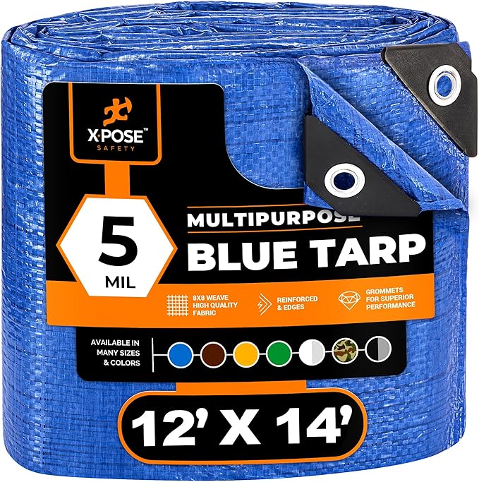 Better Blue Poly Tarp 12' x 14' - Multipurpose Protective Cover - Lightweight, Durable, Waterproof, Weather Proof - 5 Mil Thick Polyethylene - by Xpose Safety