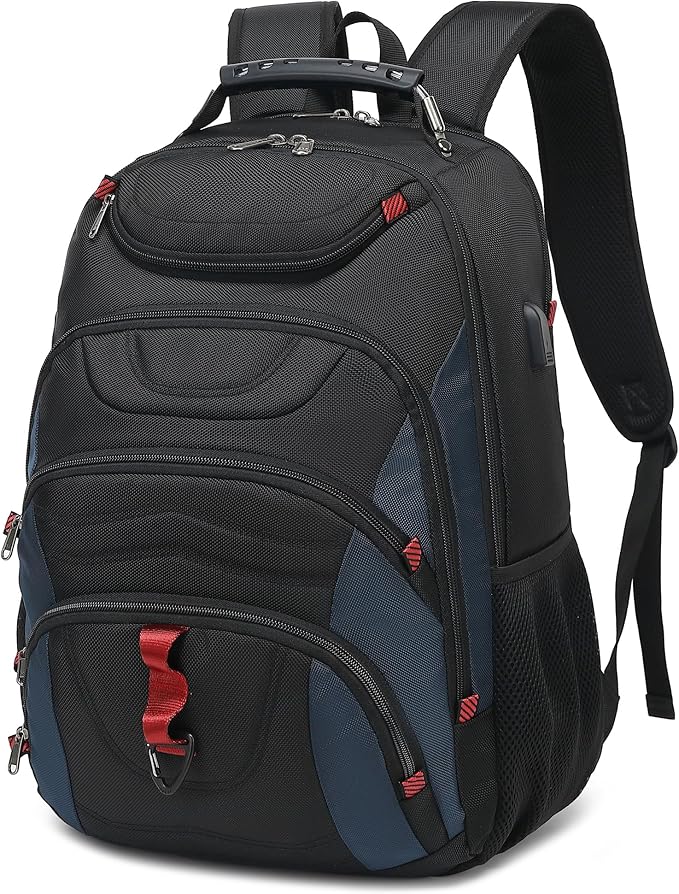 Boavan Laptop Backpack for men, 17.3 inch Laptop Bag with USB Port, Waterproof Travel Work Backpack Purse, Anti-Theft Teacher Nurse Doctor Casual Bookbags Office Business backpack，Black&Classic Navy