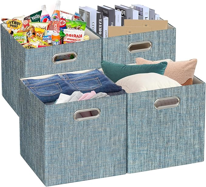 Posprica Storage Basket Bins,11×11×11 Foldable Storage Cube Boxes Fabric Drawer for Closet Shelf Cabinet Bookcase - Set of 4,Teal