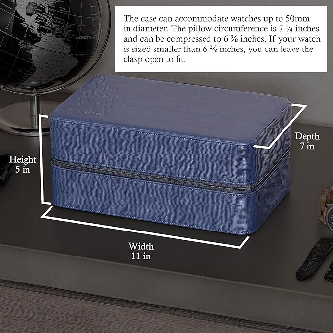 ROTHWELL 8 Watch Travel Case Storage Organizer for 8 Watches, Sunglasses, Rings & Cufflinks |Tough Portable Protection with Zipper Fits Most Wristwatches & Smart Watches Up to 50mm (Blue/Tan)