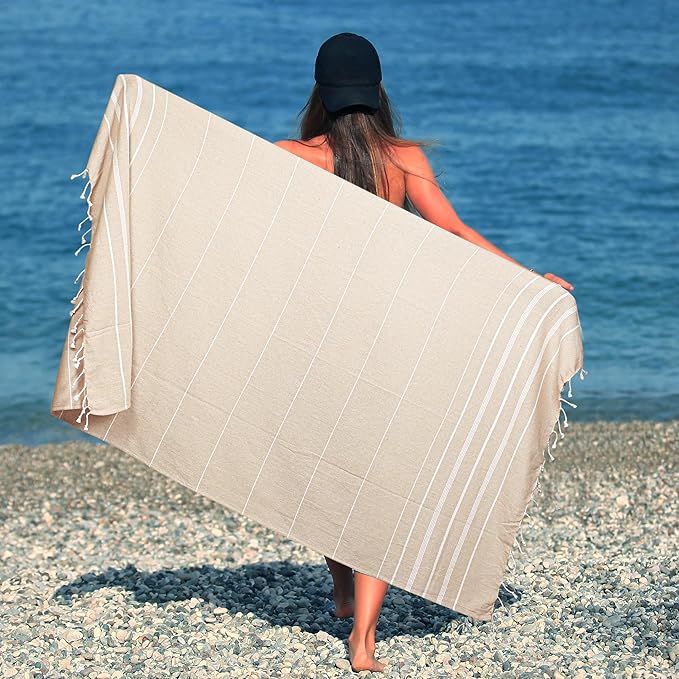HILLFAIR Cotton Turkish Beach Towels, Quick Dry Lightweight Sand Free Peshtemal Towel for Bath Swim Yoga Spa Travel, Beach Accessories, Oversized Cotton Turkish Towels (39 x 72 inch- 4 Pack Beige)