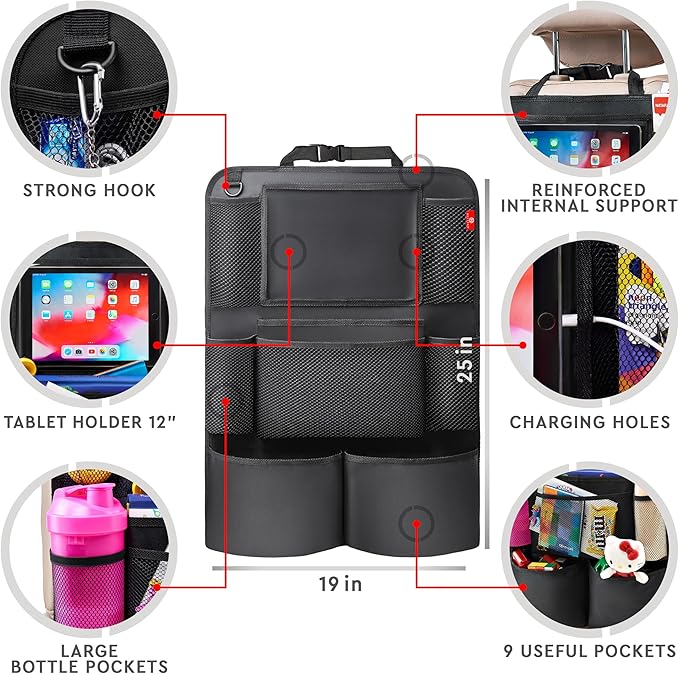 Helteko Backseat Car Organizer, Kick Mats Back Seat Protector with Touch Screen Tablet Holder, Back Seat Organizer for Kids with 9 Storage Pockets, Travel Accessories (2 Pack, Beige)
