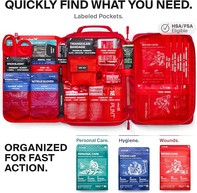 Large First Aid Kit for Car, Travel & Home - Emergency Kit for Hiking, Camping, Backpacking and Outdoors - Includes Zip Stitch Wound Closure Strips