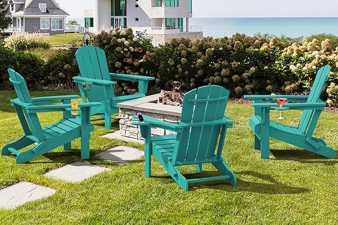 SERWALL Adirondack Chair with Cup Holders - Composite Adirondack Chairs Set of 4 HDPE Outdoor Chairs All Weather Use- Aruba
