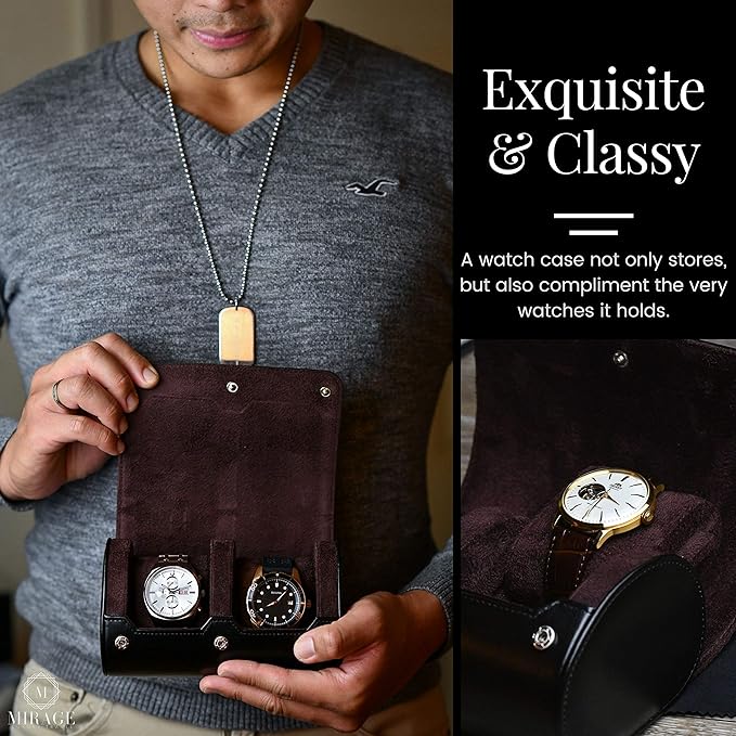 2 Watch Case for Men - Watch Roll Travel Case - Jade Black Motif Vegan Leather