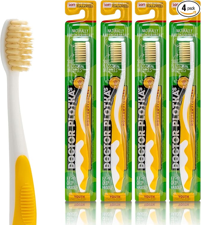 MOUTHWATCHERS Soft Childrens Flossing Manual Toothbrush, Value Pack of 4, Yellow Toothbrushes for Kids & Teens, Ultra Clean, by Dr. Plotka's