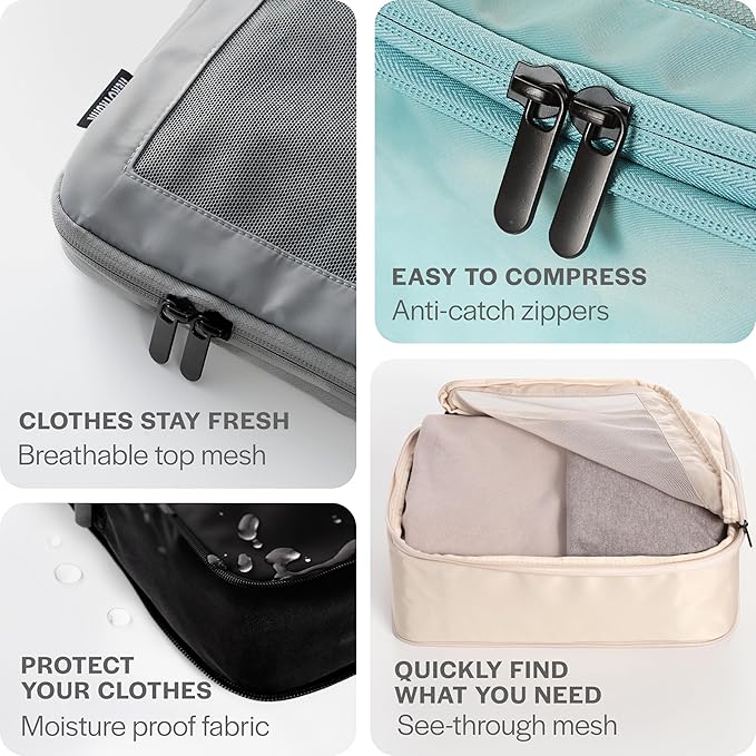 Compression Packing Cubes for Travel - Luggage Organizer Bags - Double Zipper Packing Cubes for Suitcases (6-Pack, Light Grey)