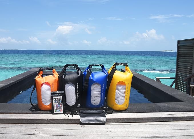 Freegrace Waterproof Dry Bags Set of 3 Dry Bag with 2 Zip Lock Seals & Detachable Shoulder Strap, Waist Pouch & Phone Case - Can Be Submerged Into Water - for Swimming (Orange(Window), 5L)
