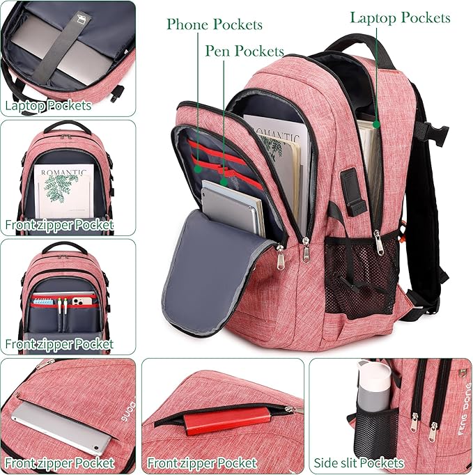 FENGDONG Large Laptop Backpack 17.3 inch Durable Waterproof Travel College Backpack Bookbag for Men & Women Business Backpack with USB Charging Port and Headset Port Light Pink