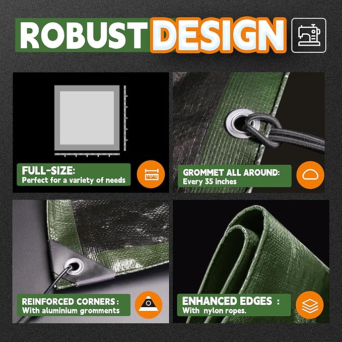 4x6 Feet Tarp Waterproof,Small Tarp,9Mil Thick,Finished Size Tarps,UV Resistant,Durable,Multipurpose Poly Tarps Cover with Metal Grommets and Reinforced Edges,Green/Black by RAINDEWAY