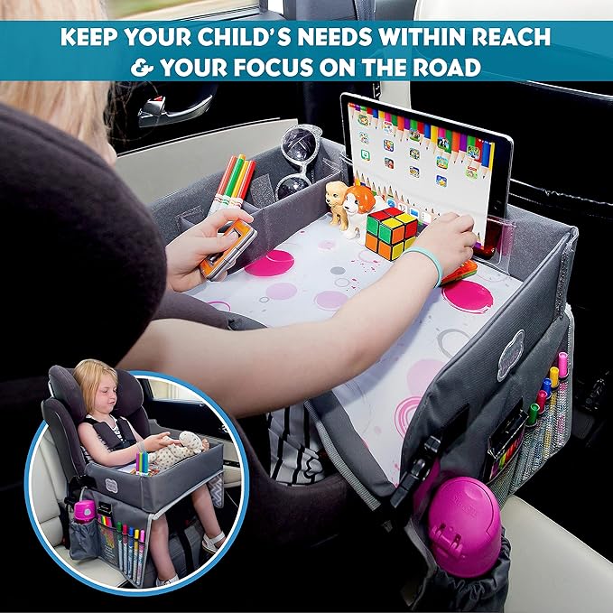 Kenley Kids Travel Tray, Toddler Car Seat Lap Tray, Road Trip Essentials Activity Table (Red/Gray)