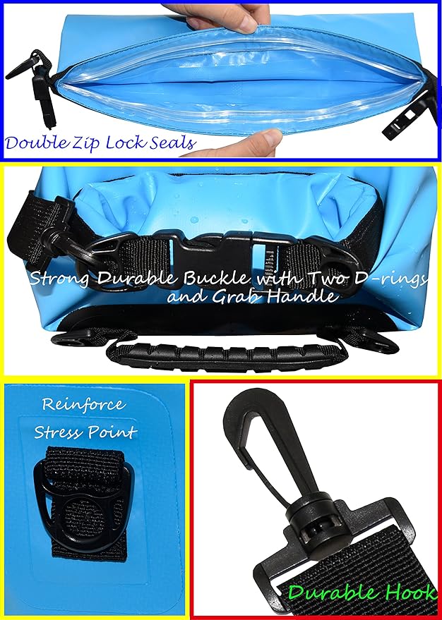 Freegrace Waterproof Dry Bags Set of 3 Dry Bag with 2 Zip Lock Seals & Detachable Shoulder Strap, Waist Pouch & Phone Case - Can Be Submerged Into Water (Sky Blue, 20L)