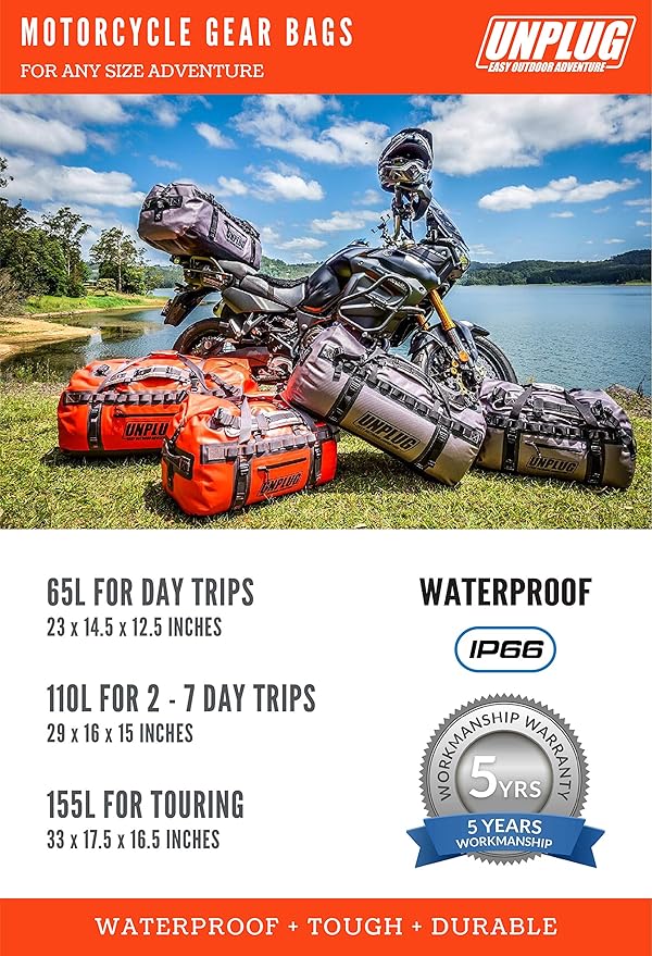 UNPLUG Waterproof Bags for Travel -1680D Heavy Duty Waterproof Duffel Bag for Camping, Motorcycle Dry Bag, Hunting Bag, Bug Out Bag, dry bags for kayaking waterproof boat bag (65L Storm Grey)