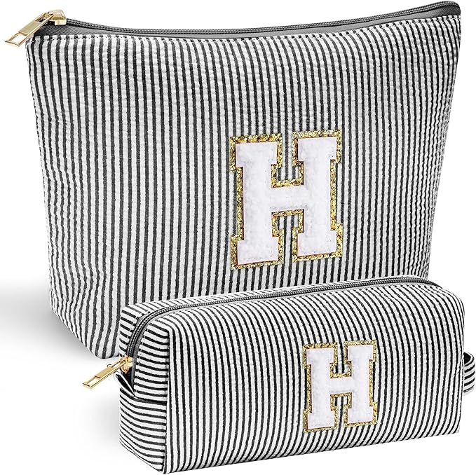 YOOLIFE Initial Monogram Cute Makeup Bags - Cosmetic Toiletry Pouch for Women's Friendship, Personalized Birthday Gifts - Black