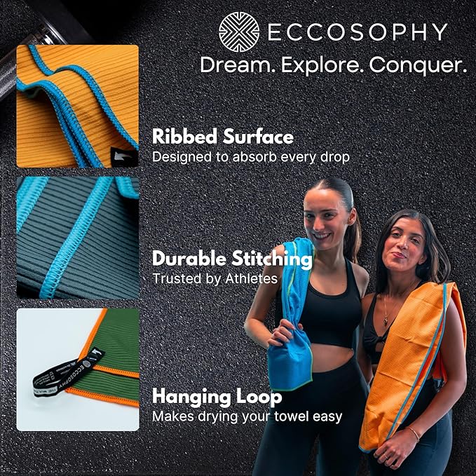 ECCOSOPHY Microfiber Beach Towel – Quick Dry Gym Towel, Highly Absorbent with Ribbed Texture, Lightweight – Ideal for Travel, Pool, Yoga, Fitness & Outdoor Adventures – 40x20 Creamsicle