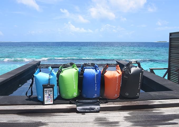Freegrace Waterproof Dry Bags Set of 3 Dry Bag with 2 Zip Lock Seals & Detachable Shoulder Strap, Waist Pouch & Phone Case - Can Be Submerged Into Water - for Swimming (Sky Blue, 10L)