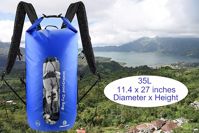 Freegrace Waterproof Dry Bags Set of 3 - Dry Bag with 2 Zip Lock Seals, Waist Pouch & Phone Case - Can Be Submerged Into Water for Swimming, Kayak, Rafting & Boating (Window, Navy Blue, 35L)
